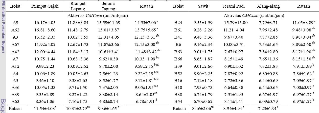 Tabel 2 Aktivitas CMCase isolat bakteri terpilih A dan B pada berbagai hijauan pakan sumber serat  Rumput Jerami 