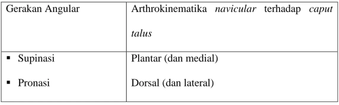 Tabel  2.5  Hubungan  gerak  angular  dengan  arthrokinematik  sendi  midtarsal  (Anshar dan Sudaryanto, 2011) 