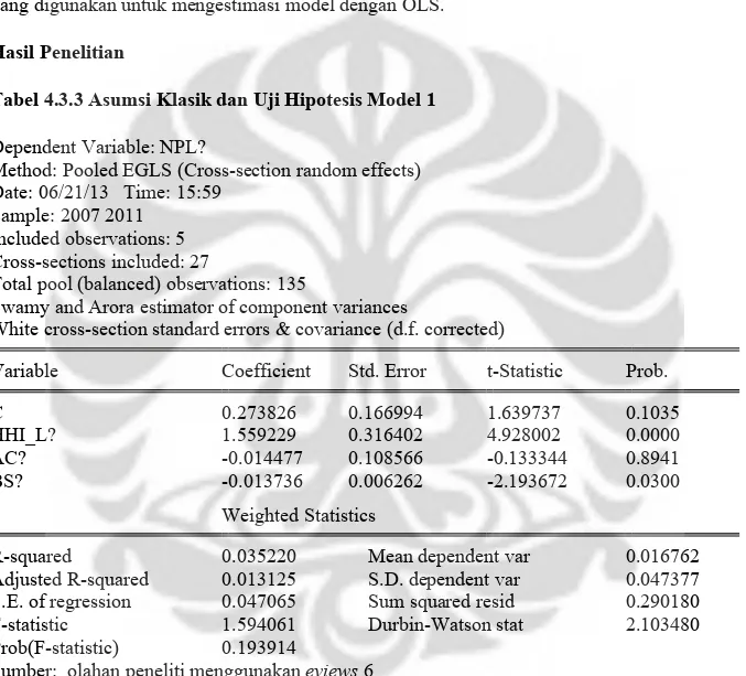 Tabel 4.3.3 Asumsi Klasik dan Uji Hipotesis Model 1 