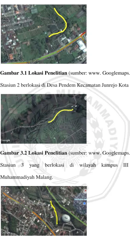 Gambar 3.1 Lokasi Penelitian (sumber: www. Googlemaps.com, 2016)  2.  Stasiun 2 berlokasi di Desa Pendem Kecamatan Junrejo Kota Batu