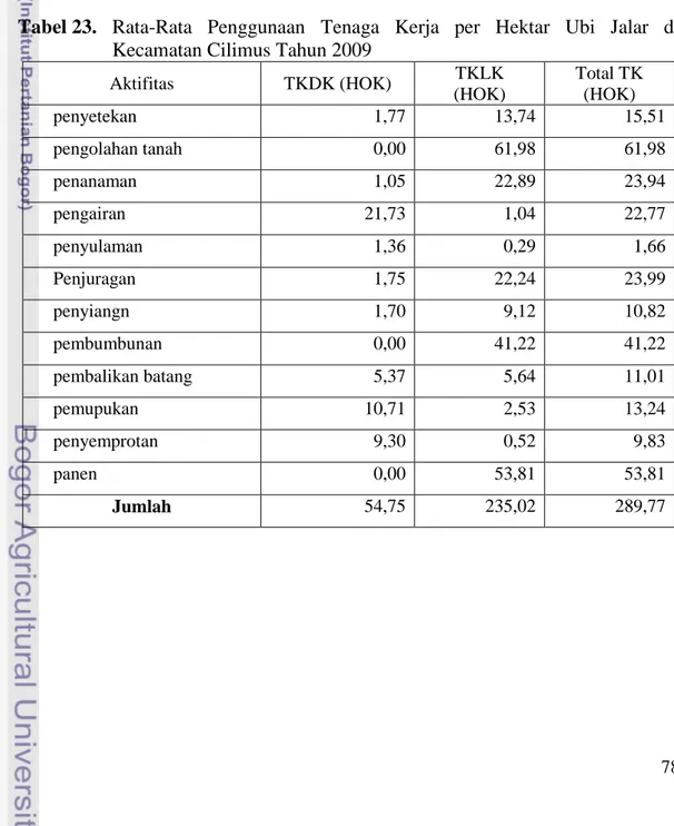 Tabel 23.  Rata-Rata Penggunaan Tenaga Kerja per Hektar  Ubi Jalar di 