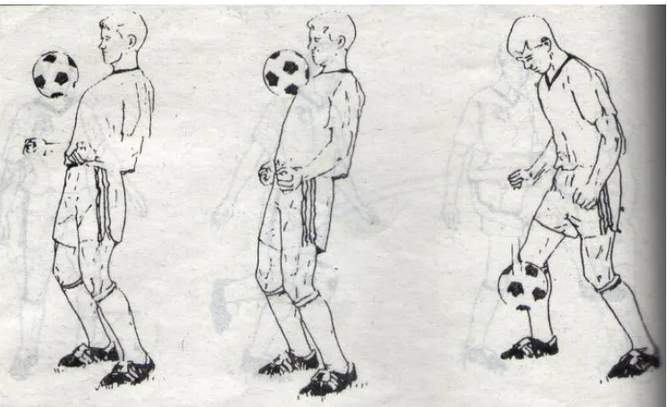Gambar 10. Menghentikan bola dengan dada  3)   Menggiring bola (dribbling) 