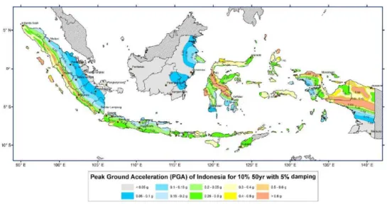 Gambar 2.3 Peta Hazard Gempa Indonesia di Batuan Dasar pada Kondisi PGA  (T = 0 detik) untuk 10% PE 50 tahun 