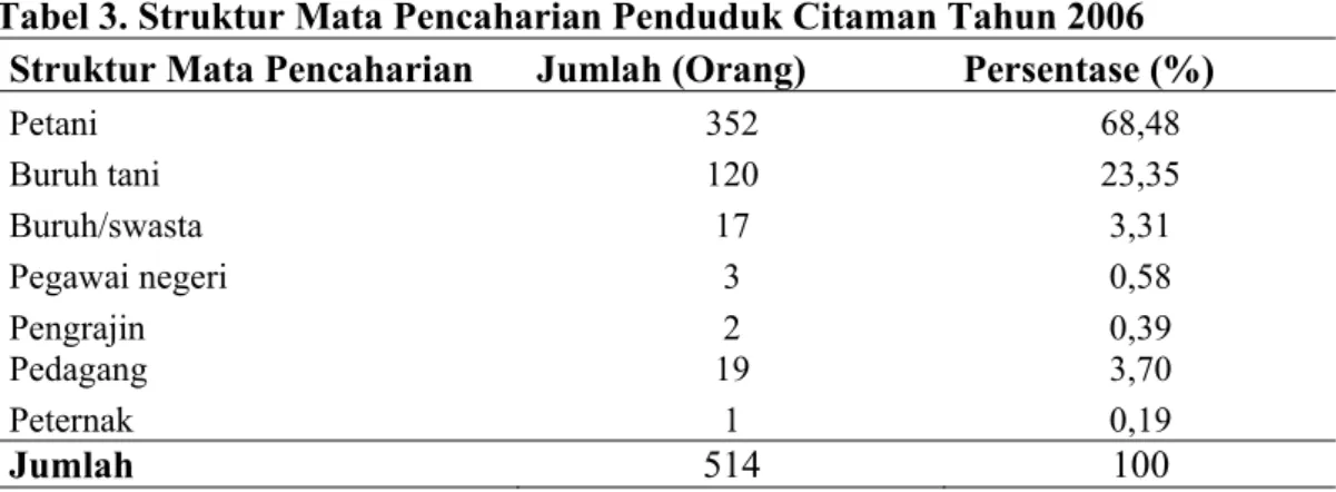 Tabel 3. Struktur Mata Pencaharian Penduduk Citaman Tahun 2006  Struktur Mata Pencaharian  Jumlah (Orang)  Persentase (%) 