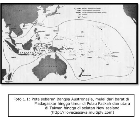 Foto 1.1: Peta sebaran Bangsa Austronesia, mulai dari barat di  Madagaskar hingga timur di Pulau Paskah dan utara 