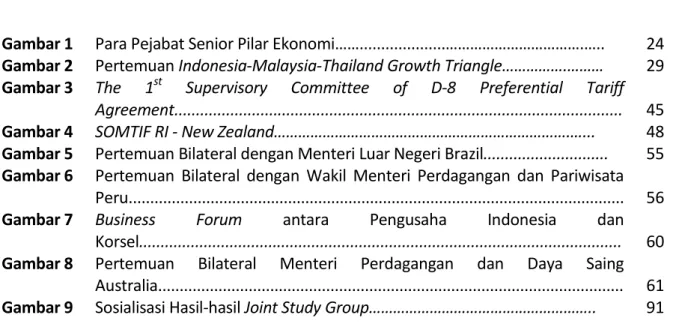 Gambar 1  Para Pejabat Senior Pilar Ekonomi……....................…………………………….…..  24  Gambar 2  Pertemuan Indonesia-Malaysia-Thailand Growth Triangle…………….………  29  Gambar 3  The  1 st Supervisory  Committee  of  D-8  Preferential  Tariff 