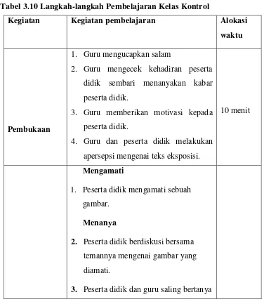 Tabel 3.10 Langkah-langkah Pembelajaran Kelas Kontrol 