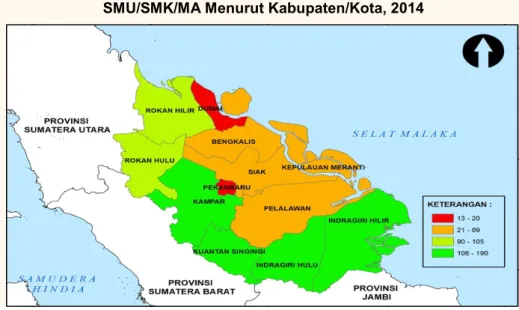 Gambar 4.2. Jumlah Desa/Kelurahan yang Tidak Mempunyai   SMU/SMK/MA Menurut Kabupaten/Kota, 2014 