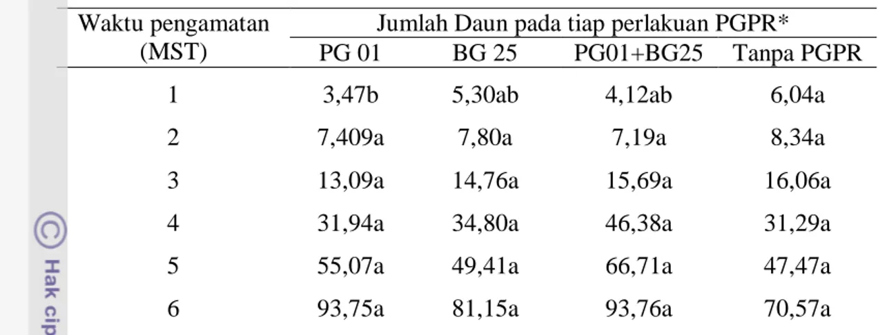 Tabel 5  Pengaruh perlakuan PGPR terhadap jumlah daun cabai  Waktu pengamatan 