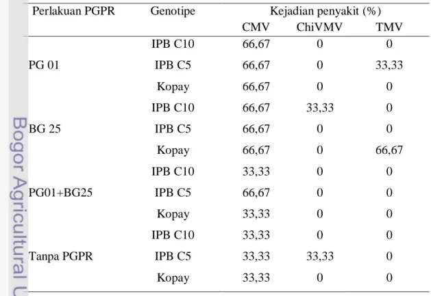 Tabel 14  Pengaruh perlakuan PGPR pada masing-masing genotipe cabai terhadap  infeksi virus CMV,ChiVMV dan TMV berdasarkan ELISA 