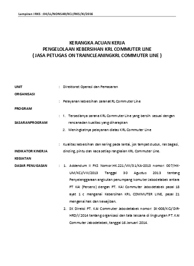 KERANGKA ACUAN KERJA PENGELOLAAN KEBERSIHAN KRL COMMUTER LINE ( JASA ...