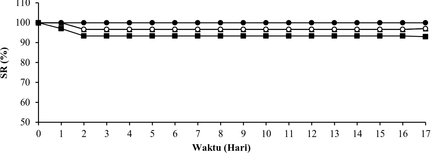 Gambar 7. Tingkat kelangsungan hidup (%) benih ikan gurami Osphronemus goramy kontrol (–■–), perlakuan  C (–▲–), perlakuan D (–○–), dan perlakuan E (–●–) selama 17 hari pasca simulasi transportasi