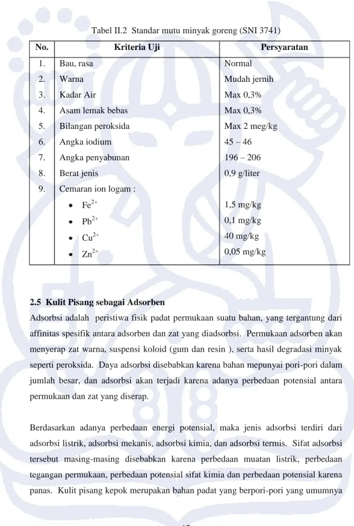 Tabel II.2  Standar mutu minyak goreng (SNI 3741) 