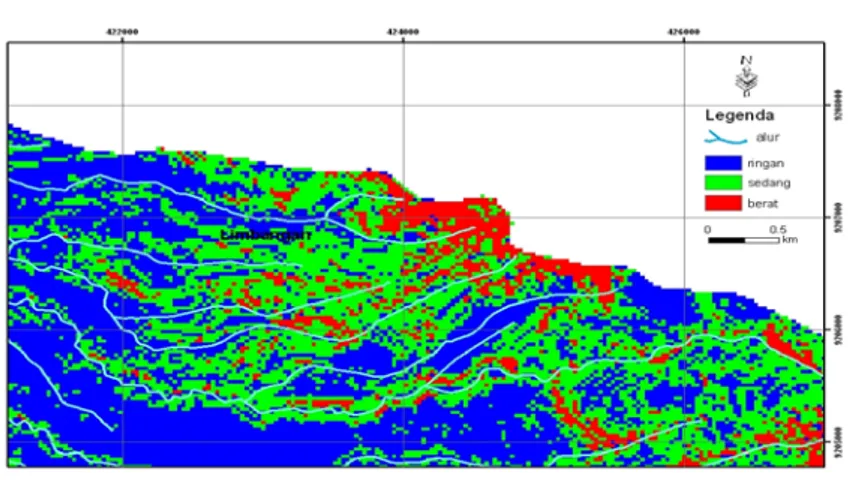 Gambar 9. Potongan peta kelas potensi erosi model E30 dan peta alur 