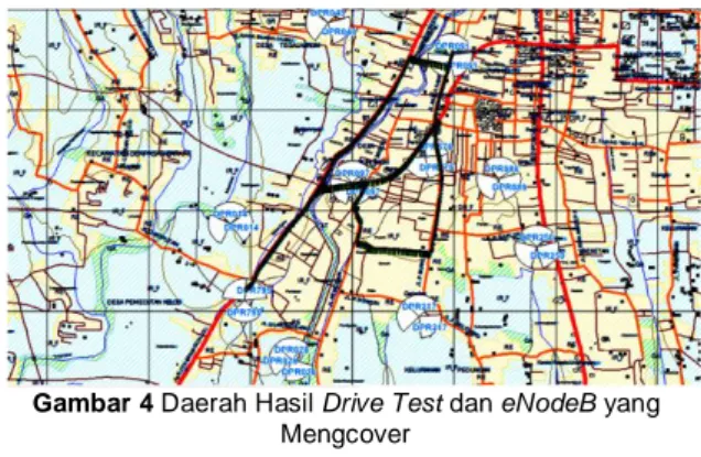 Gambar 4 Daerah Hasil Drive Test dan eNodeB yang  Mengcover