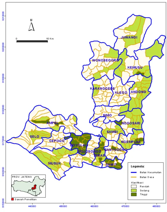 Gambar 3. Peta Sebaran Klasifikasi Tingkat Aksesibilitas Masing-masing Desa di Kabupaten Boyolali