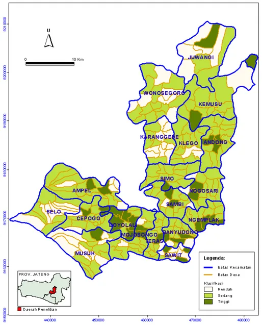 Gambar 2. Peta Sebaran Klasifikasi Fasilitas Sosial Ekonomi Masing- Masing-masing Desa di Kabupaten Boyolali
