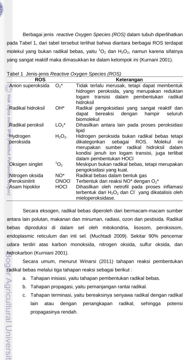Tabel 1  Jenis-jenis Reactive Oxygen Species (ROS) 