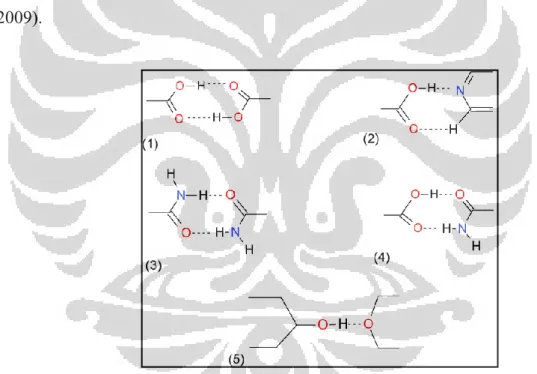 Gambar 2.3 Ikatan hidrogen dalam pembentukan kokristal, (1) dan (3) tipe  homosinton, (2), (4) dan (5)  tipe heterosinton 