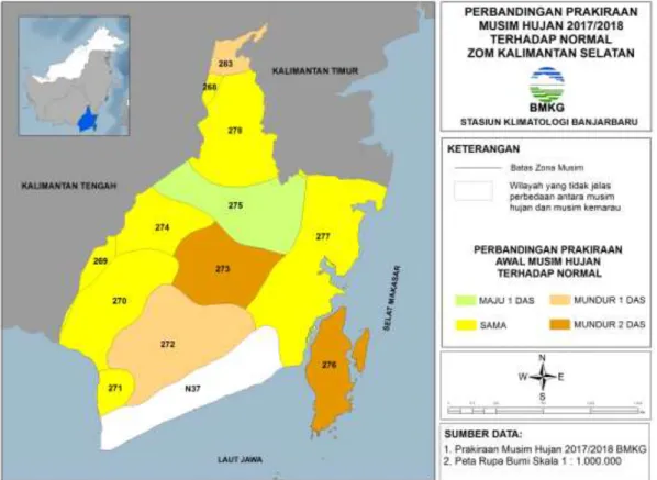 Gambar 3.  Peta Perbandingan Prakiraan Awal Musim Hujan 2017/2018 Terhadap Normalnya  Zona Musim Kalimantan Selatan 