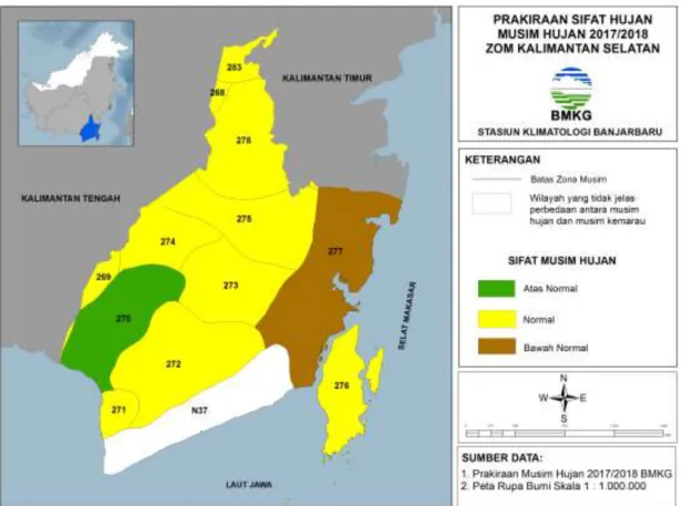 Gambar 4. Peta Prakiraan Sifat Hujan Pada Musim Hujan 2017/2018   Zona Musim Kalimantan Selatan 