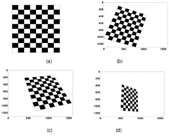 Figure 2.   (a) the planar chessboard in space. (b), (c), (d) three images under different orientations 