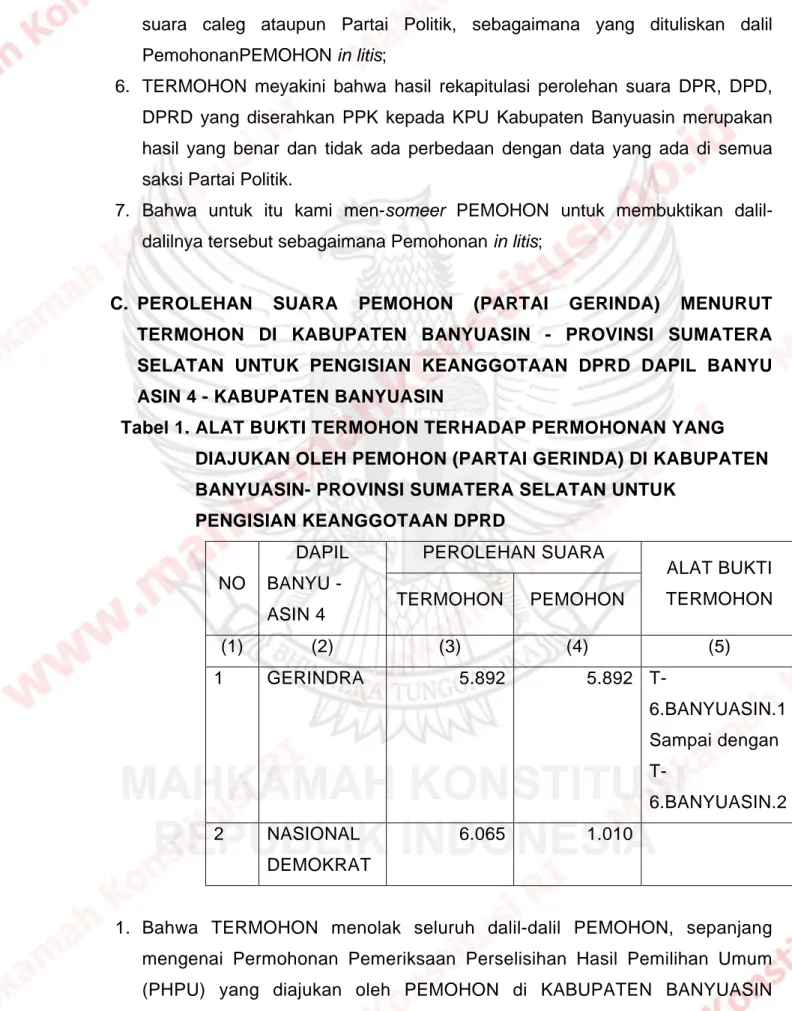 Tabel 1. ALAT BUKTI TERMOHON TERHADAP PERMOHONAN YANG  DIAJUKAN OLEH PEMOHON (PARTAI GERINDA) DI KABUPATEN  BANYUASIN- PROVINSI SUMATERA SELATAN UNTUK 