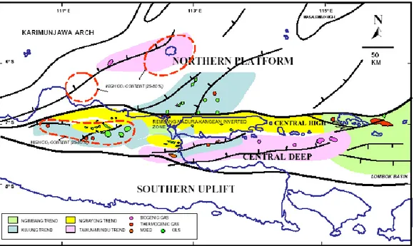 Gambar  3.  Tiga  struktur  utama  Cekungan  Jawa  Timur  (Satyana  dan  Purwaningsih, 2003)