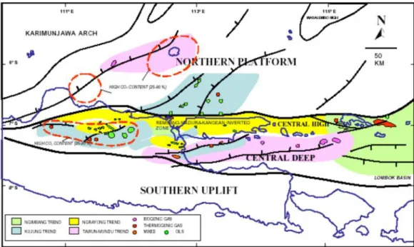 Gambar  3. Tiga struktur  utama  Cekungan  Jawa  Timur (Satyana  dan Purwaningsih, 2003).