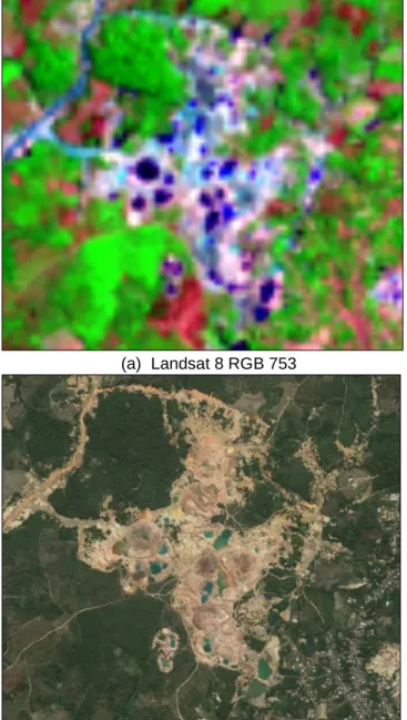 Gambar 2. Lahan   tambang    timah   pada   citra          (a) Landsat 8 RGB 753, (b) Worldview  RGB 321