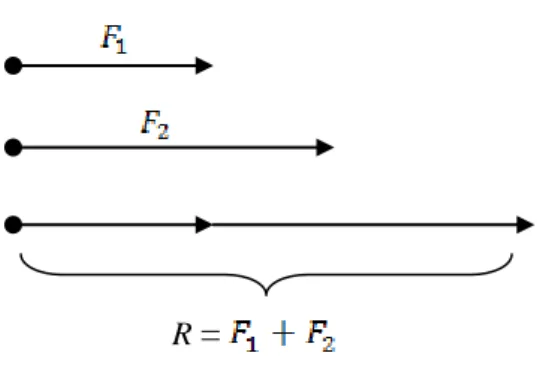 Gambar 2.8 arah gaya searah  Jadi, jumlah resultan gaya diperoleh sebesar R =  b.  Gaya-gaya yang segaris dan berlawanan arah 