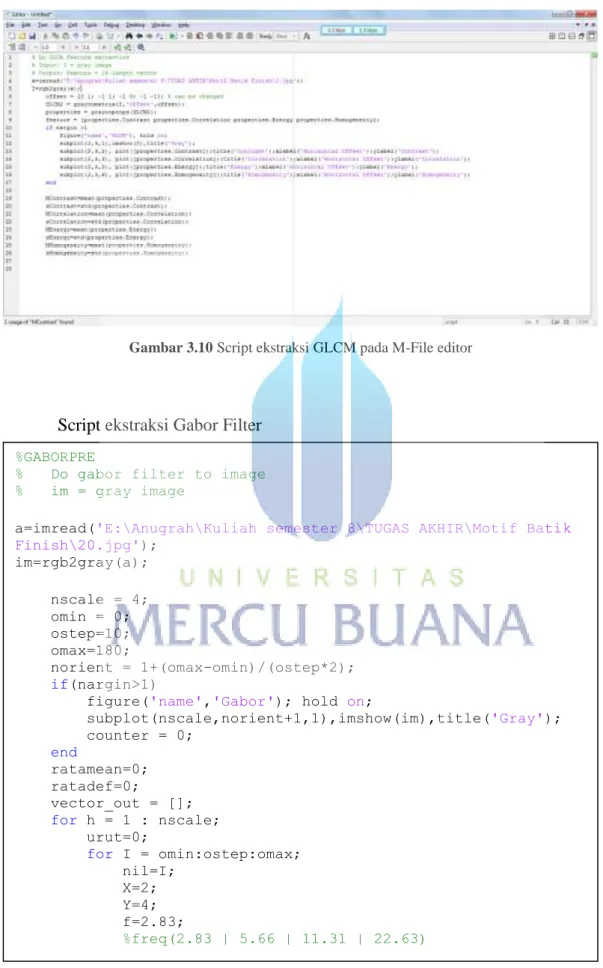 Gambar 3.10 Script ekstraksi GLCM pada M-File editor 