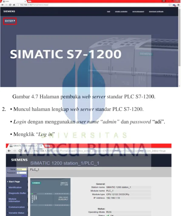Gambar 4.7 Halaman pembuka web server standar PLC S7-1200.  2.  ▪ Muncul halaman lengkap web server standar PLC S7-1200