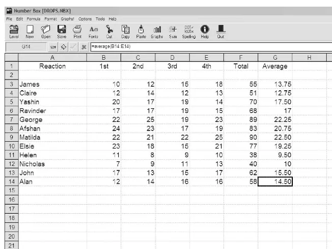 Figure 3.4Number Box spreadsheet used to record dropping the ruler as part ofa topic on ‘Reaction Time’.