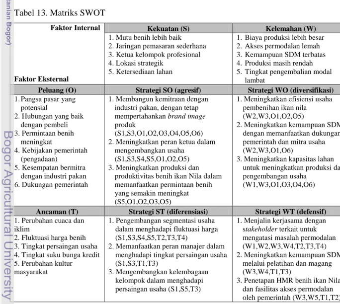 Tabel 13. Matriks SWOT  Faktor Internal 
