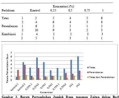 Tabel 3. Pertambahan Jumlah Daun Tanaman Zaitun (Olea europeae LBerbagai Konsentrasi dan metode Pemberian Kolkisin