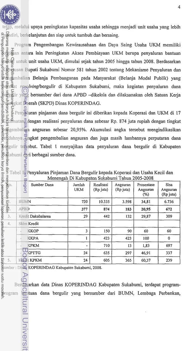 Tabel  1. Penyaluran Pinjaman Dana Bergulir kepada Koperasi dan Usaha Kecil dan  Menengah Di Kabupaten Sukabumi Tahun 2005-2008 