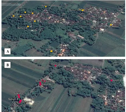 Gambar 5: Penyebaran tanaman sukun di desa Sadengrejo A) dusun Dara, B) dusun Ngebras        Titik koordinat penandaan tanaman sukun (Google earth, 2017)  