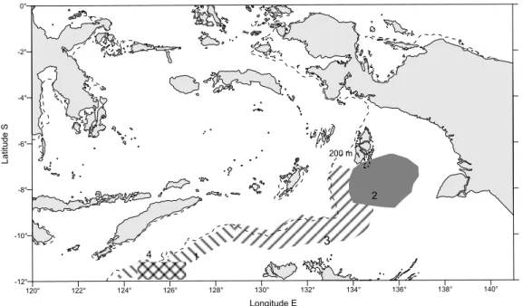 Gambar 1. Lokasi daerah penangkapan ikan demersal di perairan Laut Timor dan Arafura. (1: rawai dasar berbasis di Kupang;  2: fishnet;  3: rawai dasar vertikal; 4: Lokasi penelitian  dengan rawai dasar).