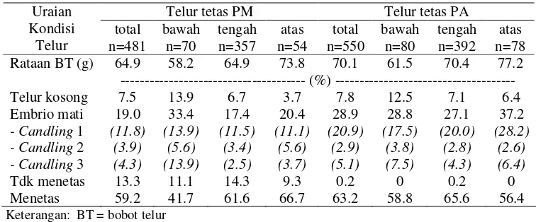 Tabel 3. Kondisi telur tetas PM (n=481) dan PA (550) selama proses penetasan  