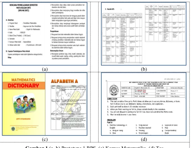Gambar 1 (a, b) Prototype 1 RPS, (c) Kamus Matematika, (d) Tes 