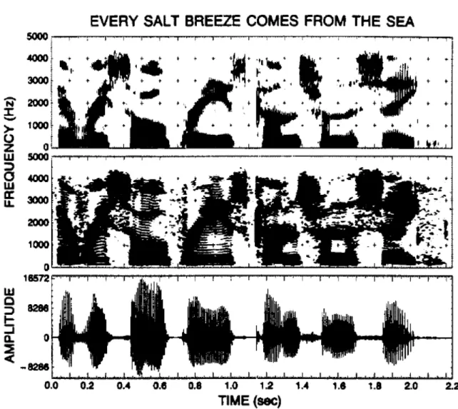 Gambar 2.10 Wideband, narrowband spectrogram dan amplitudo percakapan untuk  pengucapan kata “Every salt breeze comes from the sea.” (Rabiner dan Juang 1993, 