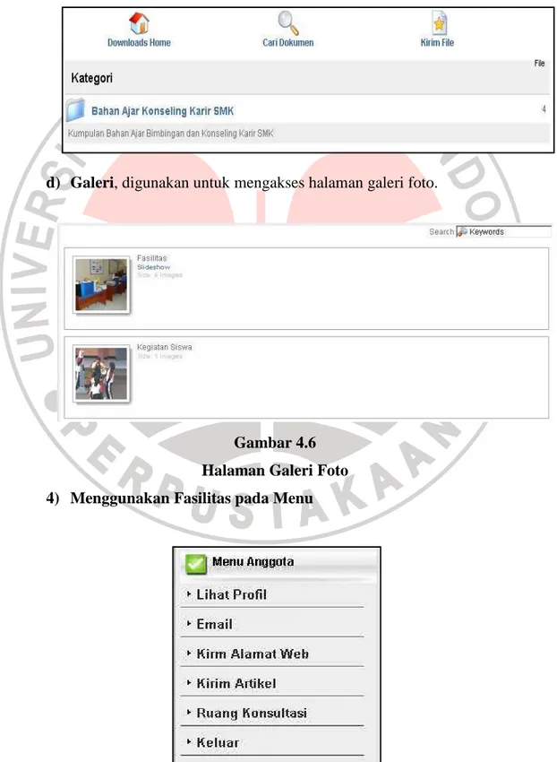 Gambar 4.6   Halaman Galeri Foto  4) Menggunakan Fasilitas pada Menu 