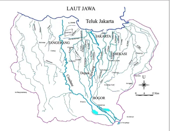 Gambar 2. Sungai-sungai dan kanal-kanal utama di Jabotabek. NEDECO (2002)  dikutip dari Caljouw et al