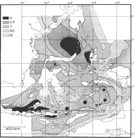 Gambar 5 . Sebaran sedimen laut-dalam di kawasan timur Nusantara. V, lumpur