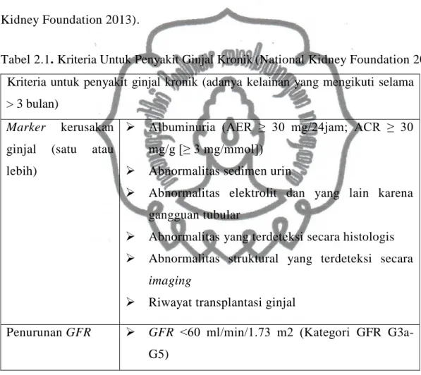 Tabel 2.1. Kriteria Untuk Penyakit Ginjal Kronik (National Kidney Foundation 2013).   