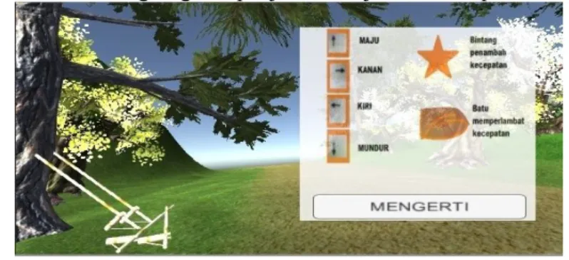 Gambar  5  adalah  tampilan  dari  pilihan  Bantuan,  tampilan  ini  berisikan  penjelasan cara bermain egrang dan penjelasan objek di arena permainan