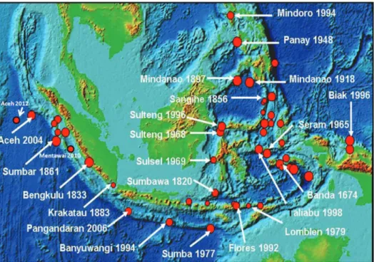 Gambar 2.1: Lokasi kejadian gempabumi dan tsunami di Indonesia