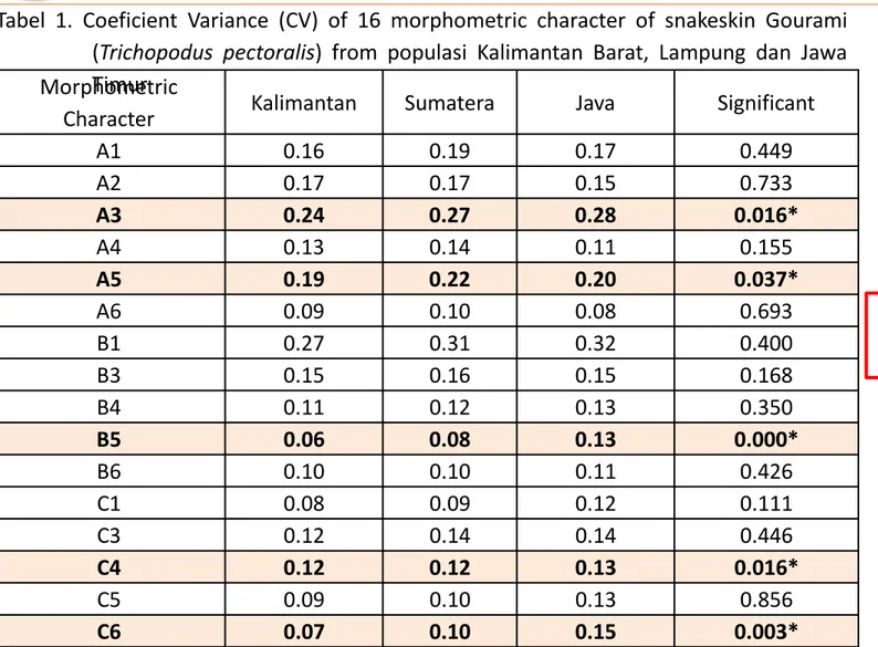 Tabel 1. Coeficient Variance (CV) of 16 morphometric character of snakeskin Gourami (Trichopodus pectoralis) from populasi Kalimantan Barat, Lampung dan Jawa Timur