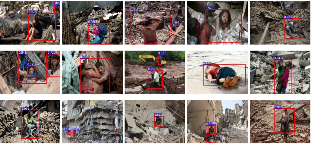 Fig. 8.Several results of our disaster victims detection on highly cluttered background